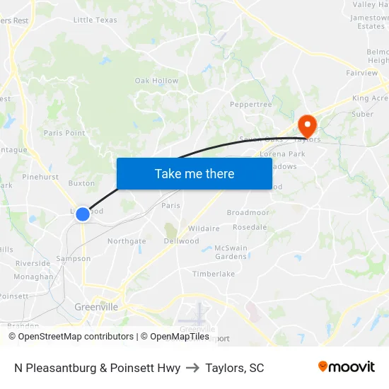 N Pleasantburg & Poinsett Hwy to Taylors, SC map