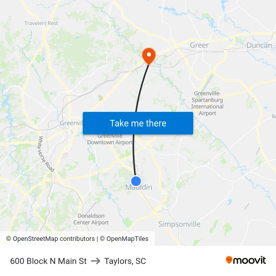 600 Block N Main St to Taylors, SC map