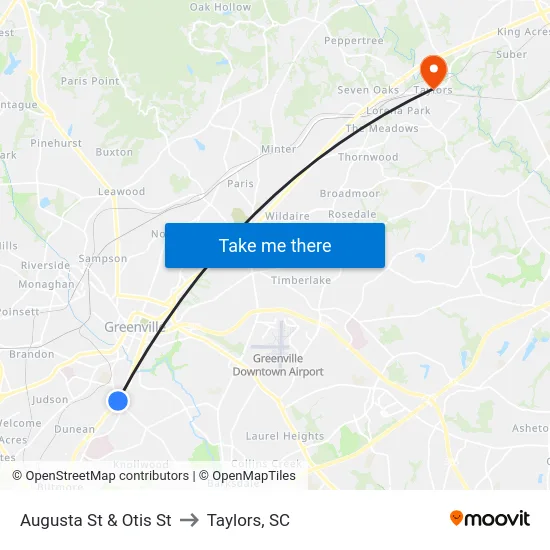 Augusta St & Otis St to Taylors, SC map