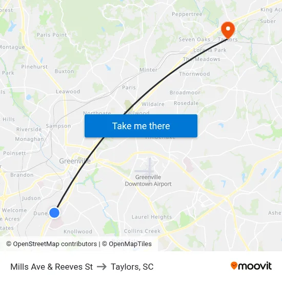Mills Ave & Reeves St to Taylors, SC map