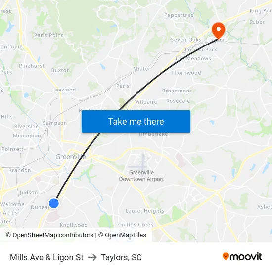 Mills Ave & Ligon St to Taylors, SC map