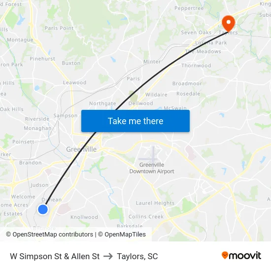 W Simpson St & Allen St to Taylors, SC map