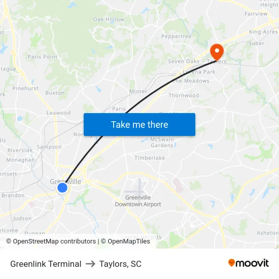 Greenlink Terminal to Taylors, SC map