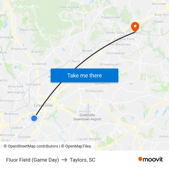 Fluor Field (Game Day) to Taylors, SC map