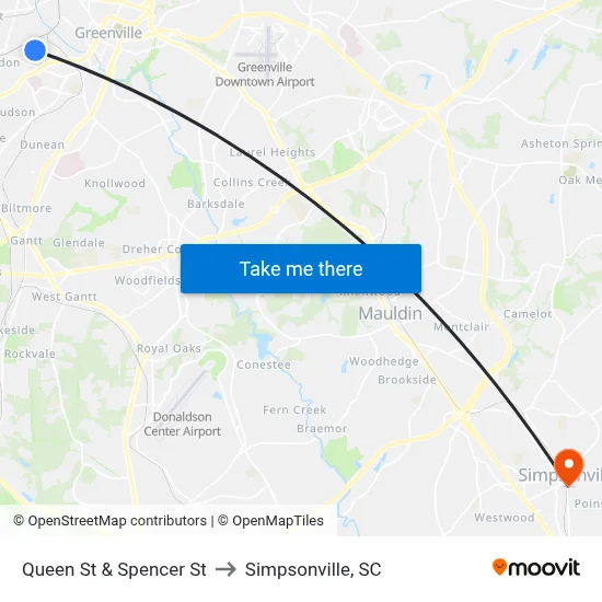 Queen St & Spencer St to Simpsonville, SC map
