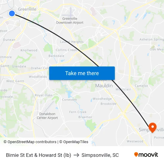 Birnie St Ext & Howard St (Ib) to Simpsonville, SC map