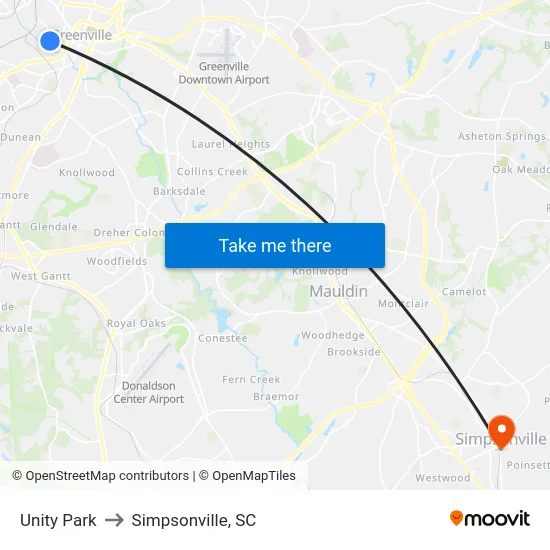 Unity Park to Simpsonville, SC map