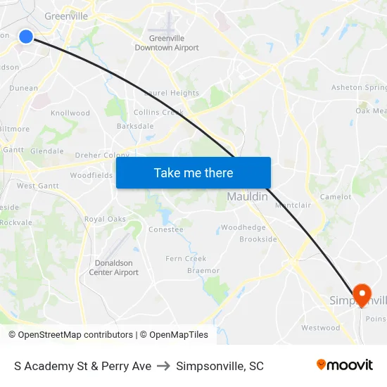 S Academy St & Perry Ave to Simpsonville, SC map
