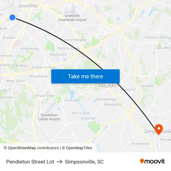 Pendleton Street Lot to Simpsonville, SC map