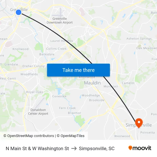 W Washington St to Simpsonville, SC map