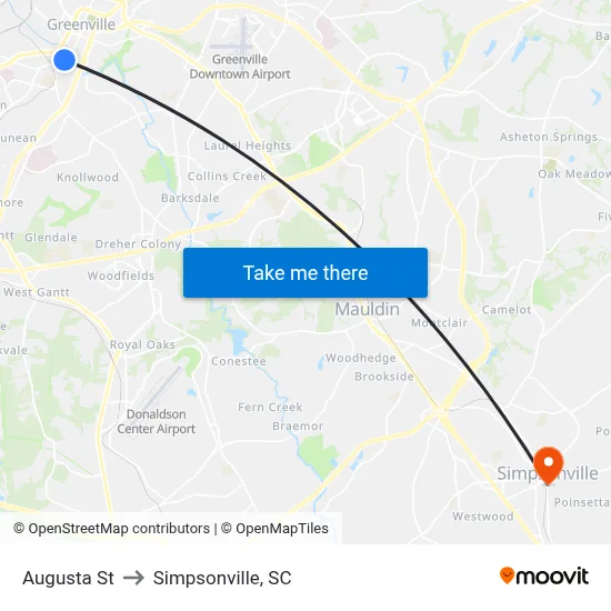 Augusta St to Simpsonville, SC map
