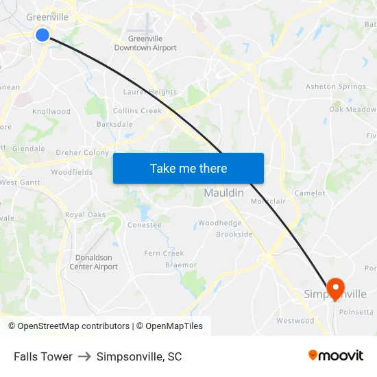 Falls Tower to Simpsonville, SC map