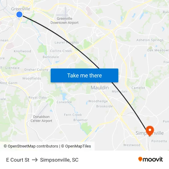 E Court St to Simpsonville, SC map