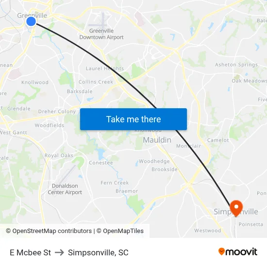 E Mcbee St to Simpsonville, SC map