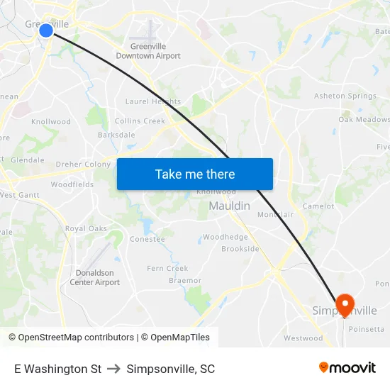 E Washington St to Simpsonville, SC map