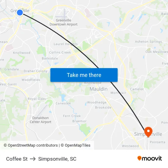 Coffee St to Simpsonville, SC map