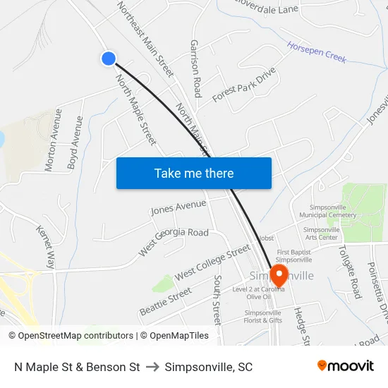 N Maple St & Benson St to Simpsonville, SC map