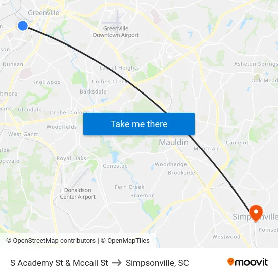 S Academy St & Mccall St to Simpsonville, SC map