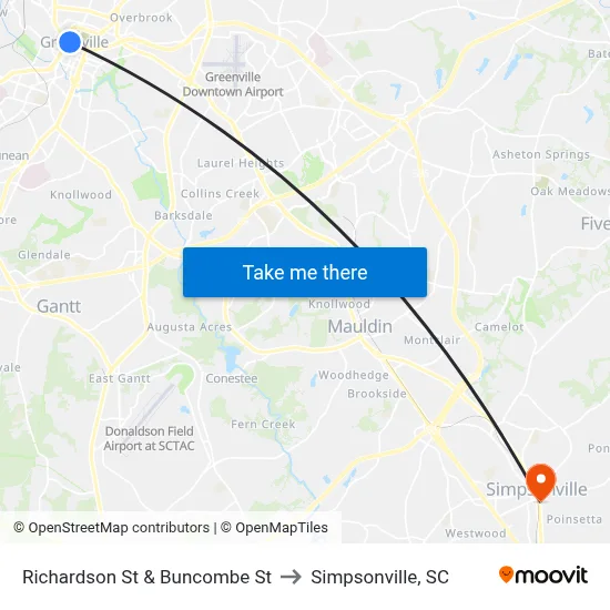 Richardson St & Buncombe St to Simpsonville, SC map