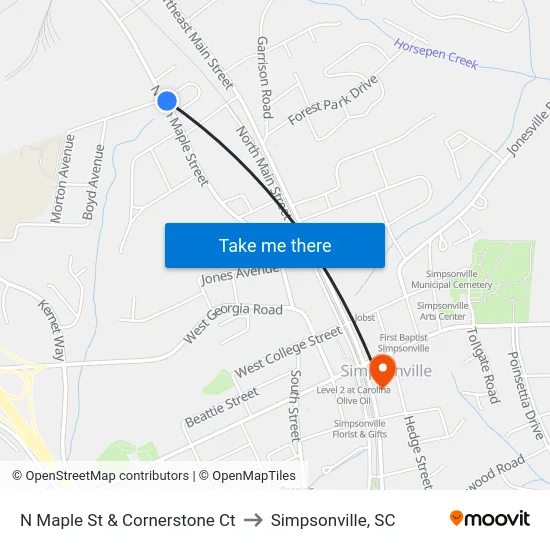 N Maple St & Cornerstone Ct to Simpsonville, SC map