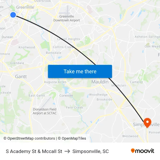 S Academy St & Mccall St to Simpsonville, SC map