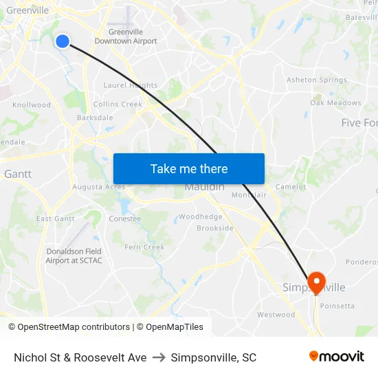 Nichol St & Roosevelt Ave to Simpsonville, SC map