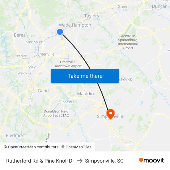 Rutherford Rd & Pine Knoll Dr to Simpsonville, SC map