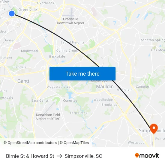 Birnie St & Howard St to Simpsonville, SC map
