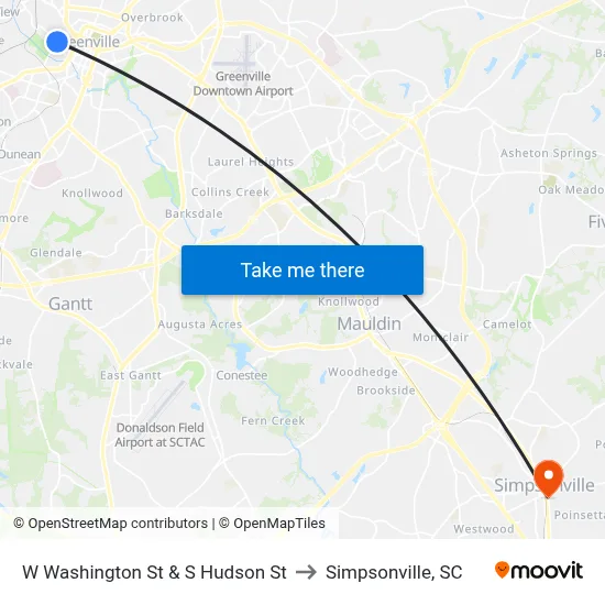 W Washington St & S Hudson St to Simpsonville, SC map
