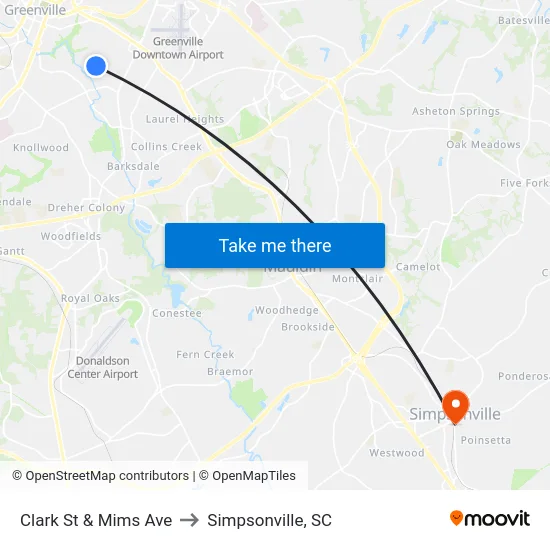 Clark St & Mims Ave to Simpsonville, SC map