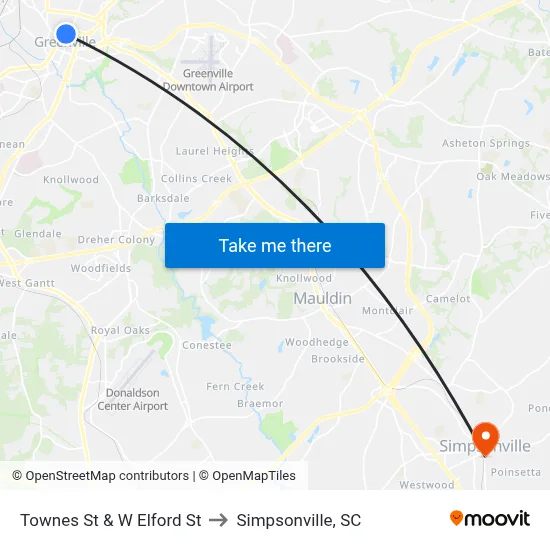 Townes St & W Elford St to Simpsonville, SC map