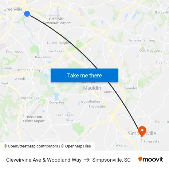 Cleveirvine Ave & Woodland Way to Simpsonville, SC map