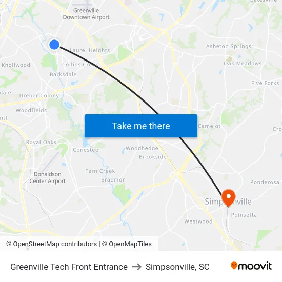 Greenville Tech Front Entrance to Simpsonville, SC map