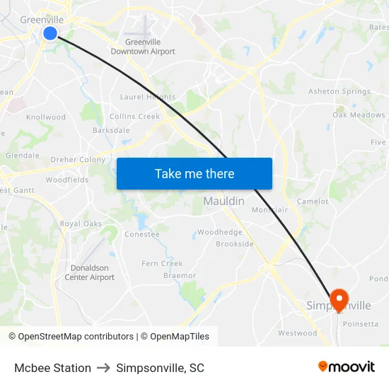 Mcbee Station to Simpsonville, SC map