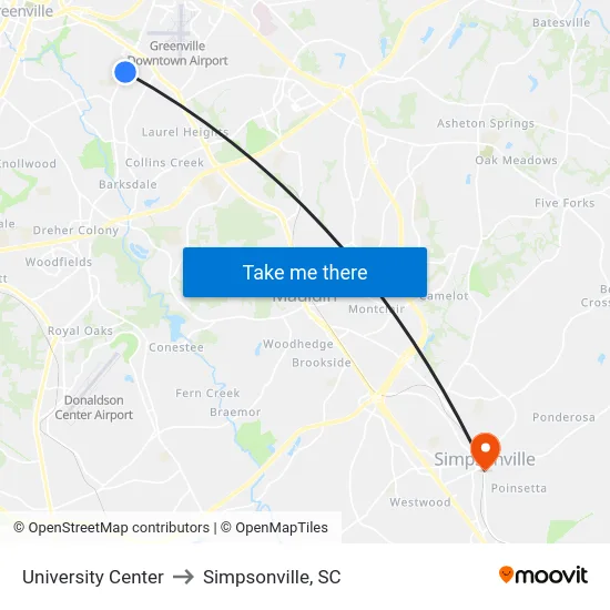 University Center to Simpsonville, SC map