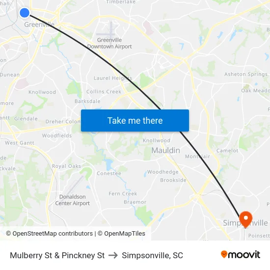 Mulberry St & Pinckney St to Simpsonville, SC map