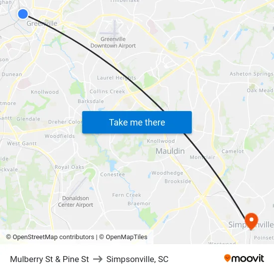 Mulberry St & Pine St to Simpsonville, SC map