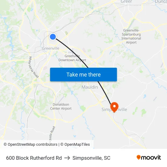 600 Block Rutherford Rd to Simpsonville, SC map