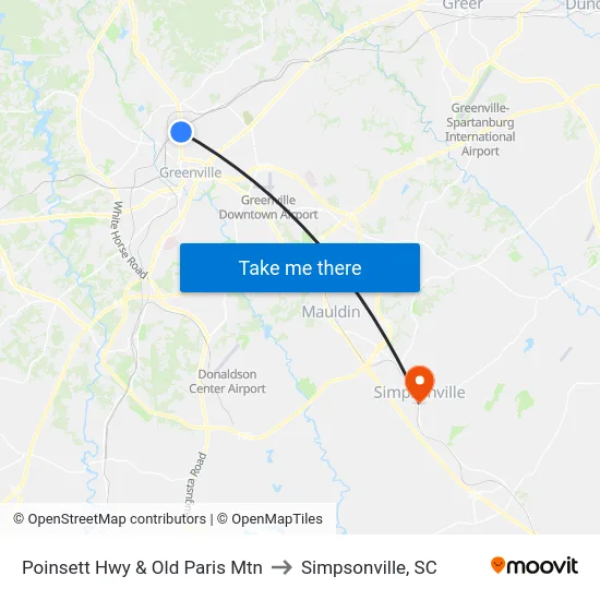 Poinsett Hwy & Old Paris Mtn to Simpsonville, SC map