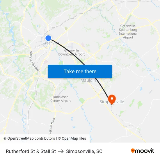 Rutherford St & Stall St to Simpsonville, SC map