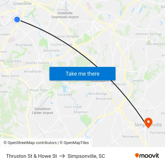 Thruston St & Howe St to Simpsonville, SC map
