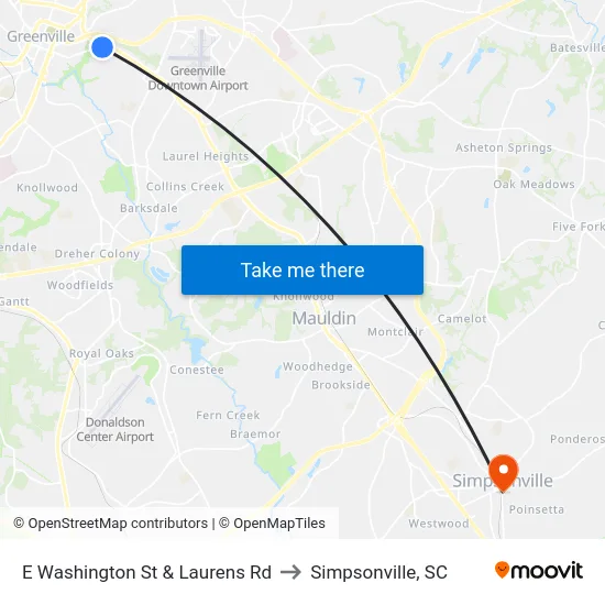 E Washington St & Laurens Rd to Simpsonville, SC map