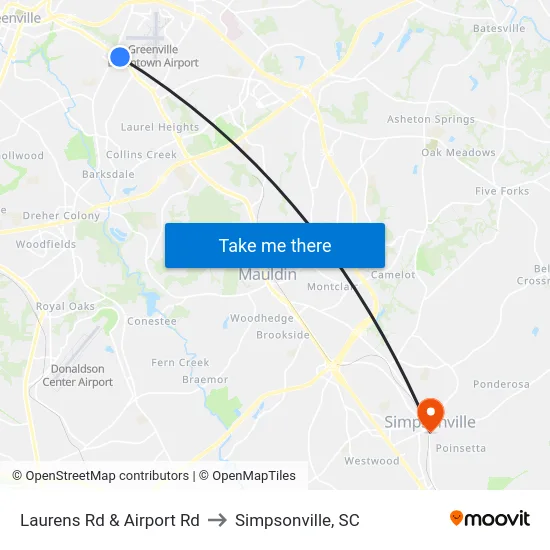 Laurens Rd & Airport Rd to Simpsonville, SC map