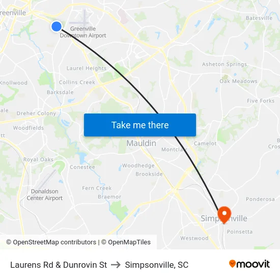 Laurens Rd & Dunrovin St to Simpsonville, SC map