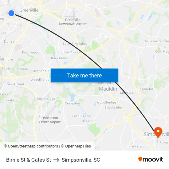 Birnie St & Gates St to Simpsonville, SC map
