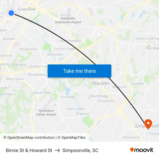 Birnie St & Howard St to Simpsonville, SC map