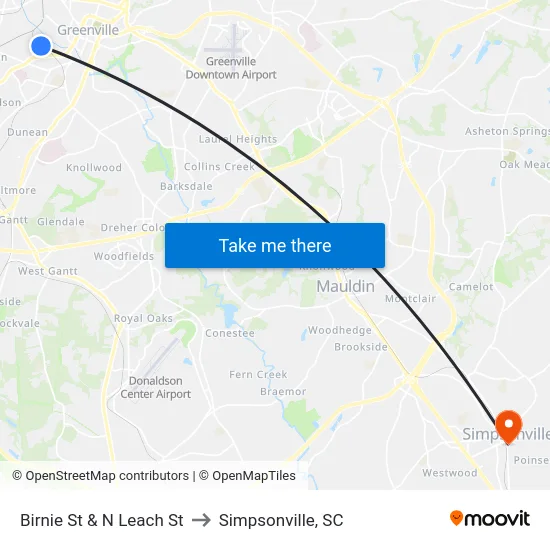Birnie St & N Leach St to Simpsonville, SC map