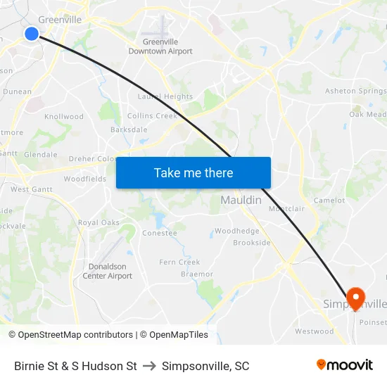Birnie St & S Hudson St to Simpsonville, SC map