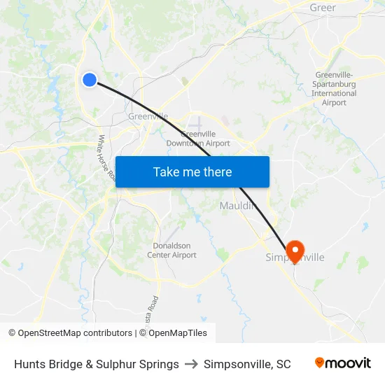 Hunts Bridge & Sulphur Springs to Simpsonville, SC map