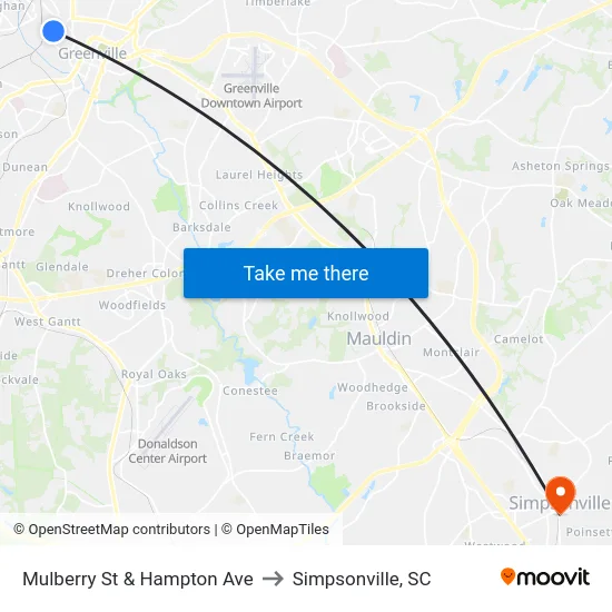Mulberry St & Hampton Ave to Simpsonville, SC map